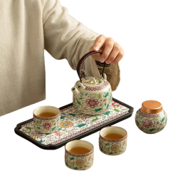 Beige Enamel Flower Kungfu Tea Sets